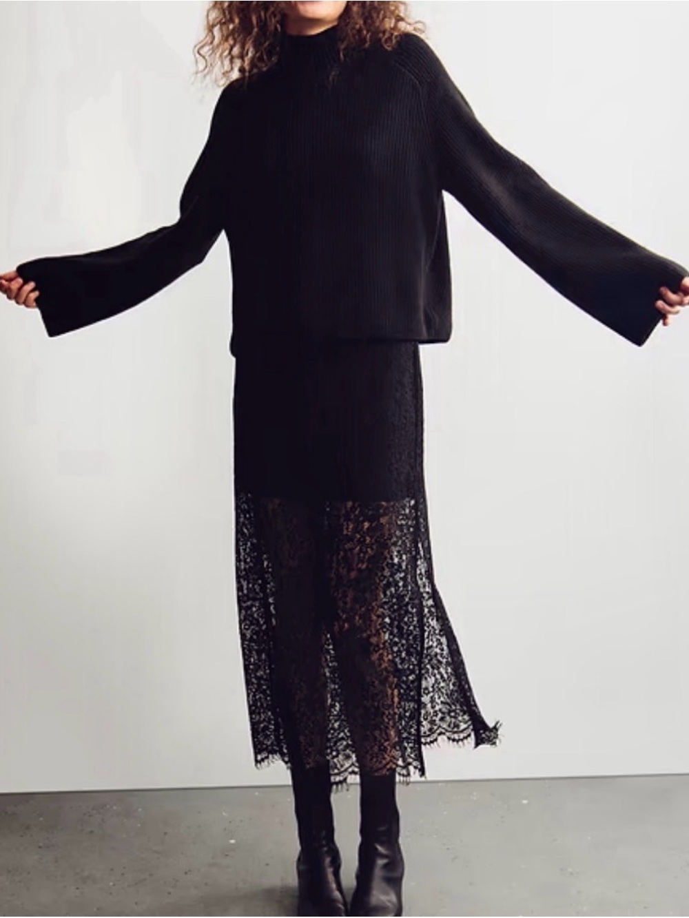 GAP Black Lace Midi Skirt with Sheer Panel and Side Slit Fits L-XL